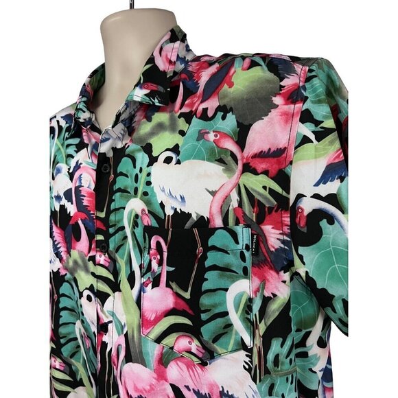 Molokai Surf Co Men Black Pink Flamingo Hawaiian Button Up Camp Shirt XL Pocket - Picture 5 of 9